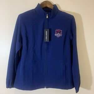 Short Par 4 Golf‎ Jacket Womens Large Blue Crest Full Zip Lightweight Stretch